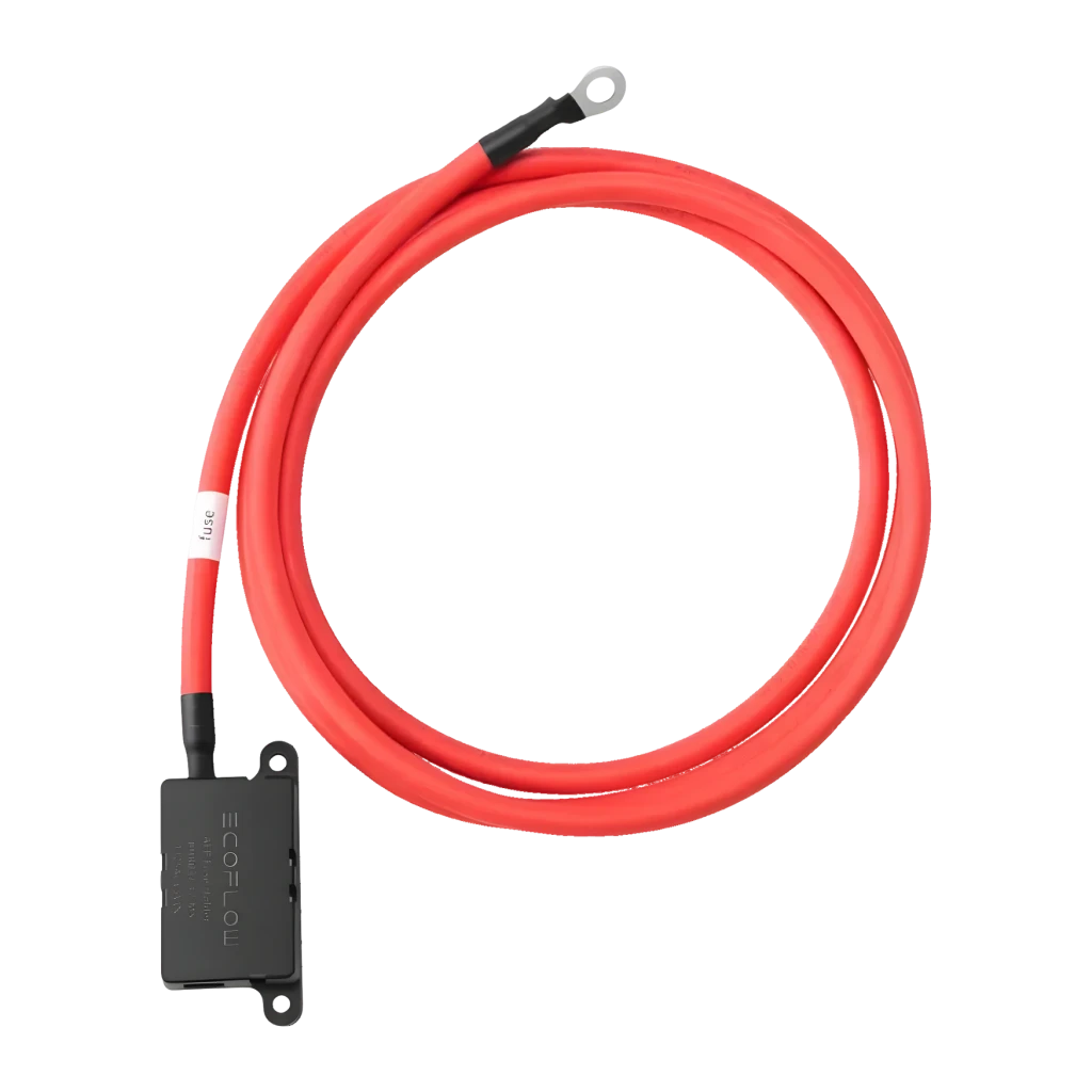 Cabo de Extensão EcoFlow EFL-AltCharFusCab 2m 125A Laranja, detalhe: cabo vermelho enrolado com conector preto EcoFlow