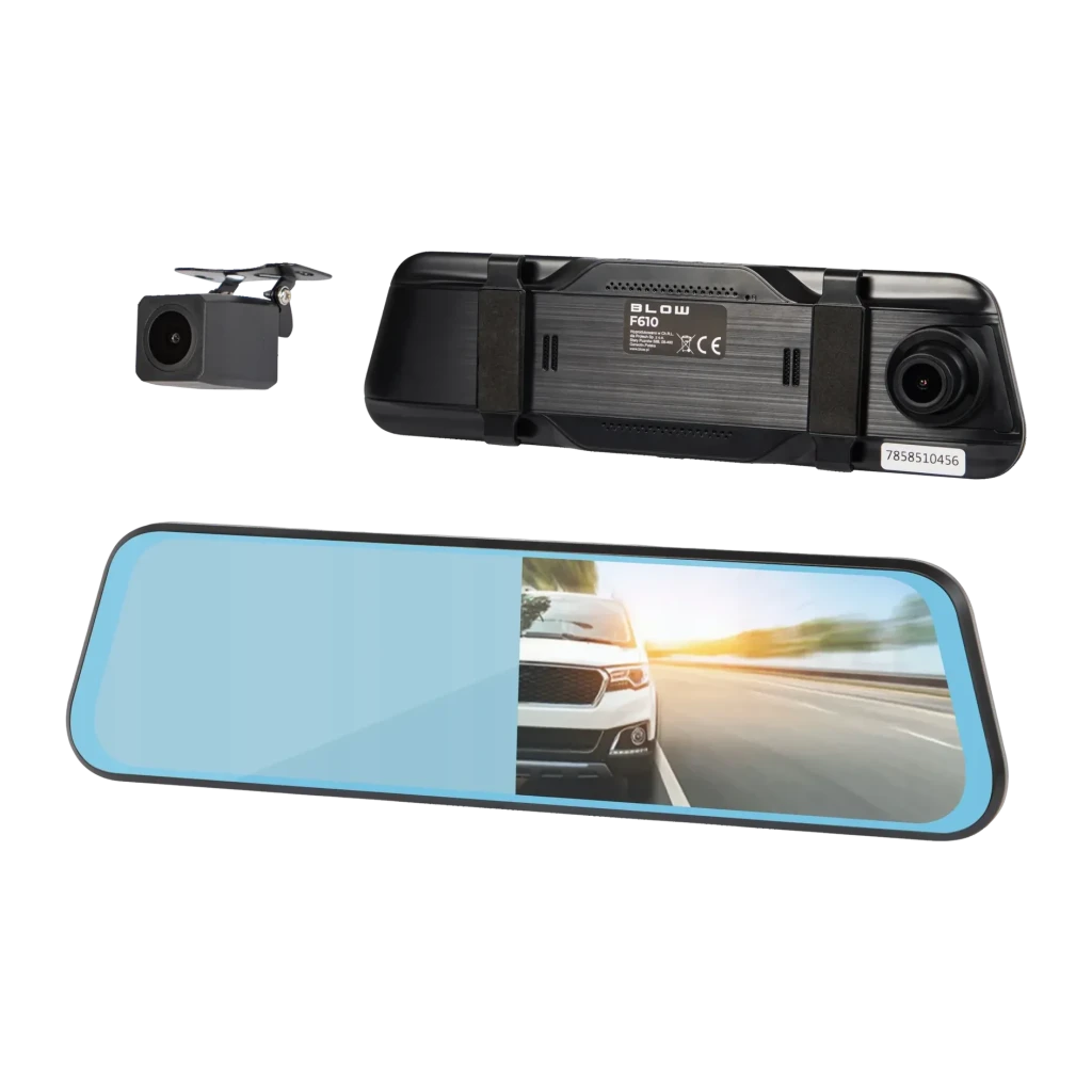 Espejo retrovisor dashcam BLOW DVR F610 2CH Full HD 1080p, vista frontal: espejo con pantalla táctil, módulo de cámaras