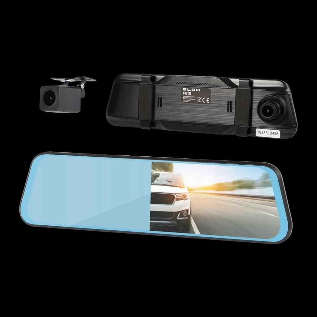 Espejo retrovisor dashcam BLOW DVR F610 2CH Full HD 1080p, vista frontal: espejo con pantalla táctil, módulo de cámaras
