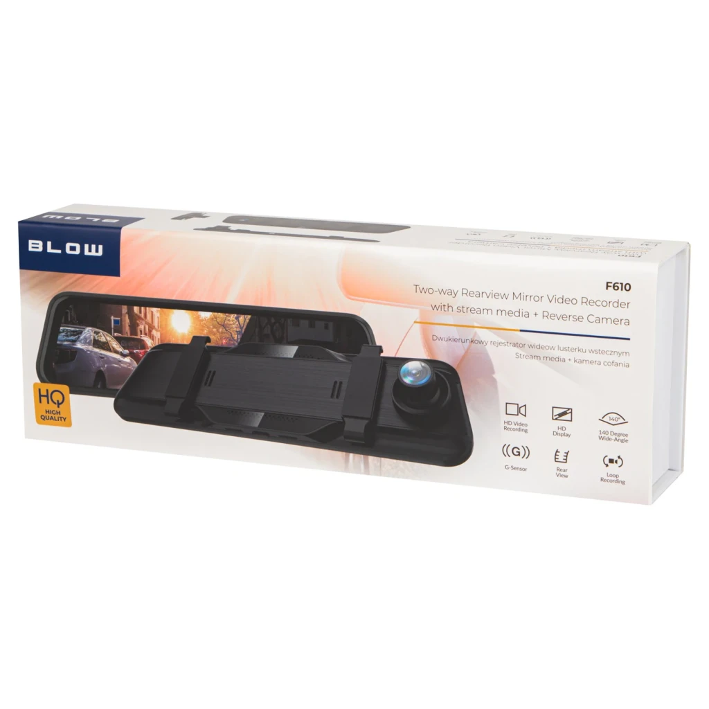 Espejo retrovisor dashcam BLOW DVR F610 2CH Full HD 1080p, contenido de la caja: caja rectangular con foto del dispositivo