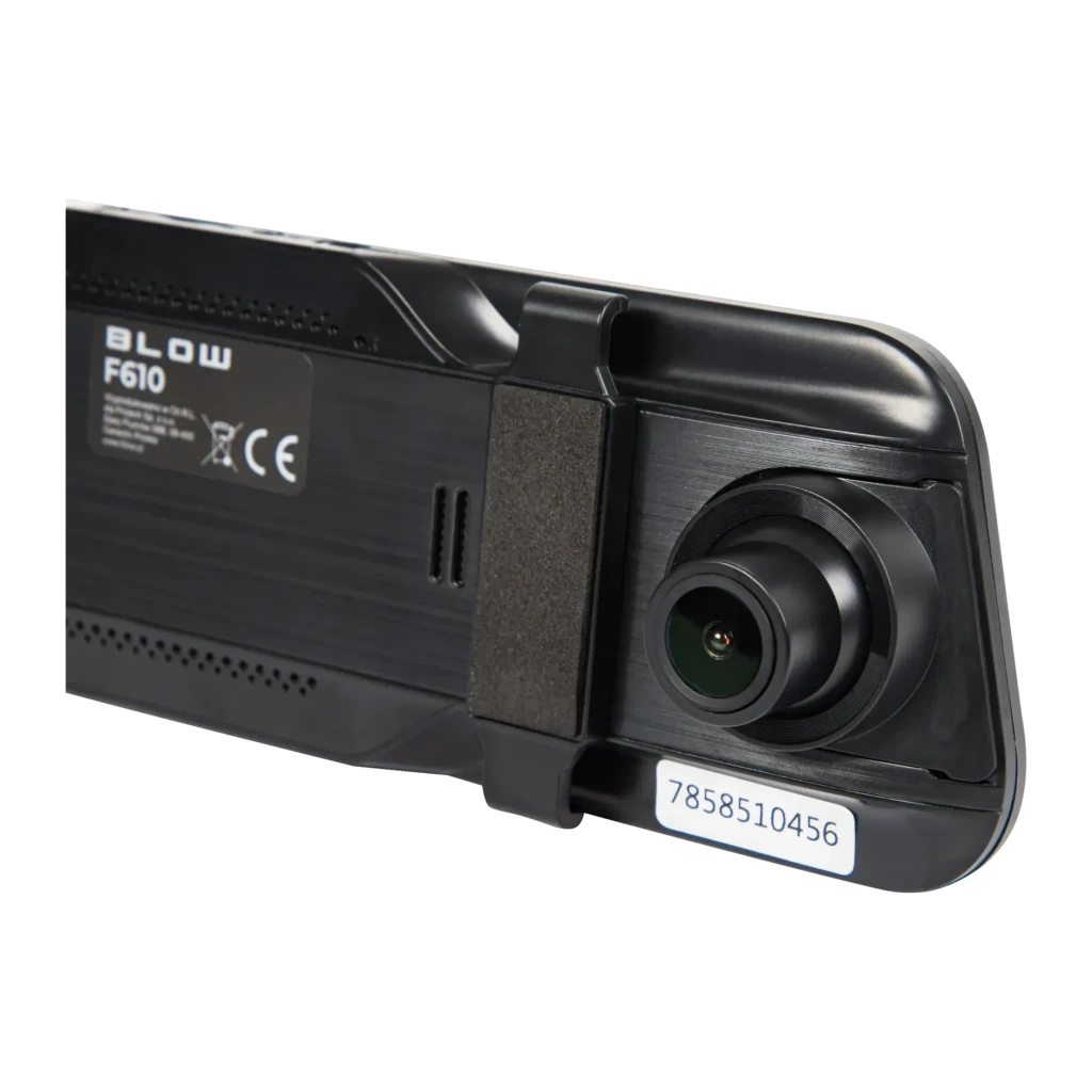 Espejo retrovisor dashcam BLOW DVR F610 2CH Full HD 1080p, vista trasera: carcasa negra con lente gran angular y etiqueta
