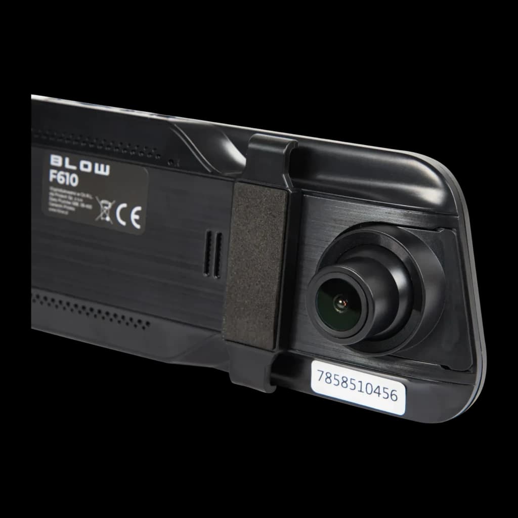 Espejo retrovisor dashcam BLOW DVR F610 2CH Full HD 1080p, vista trasera: carcasa negra con lente gran angular y etiqueta