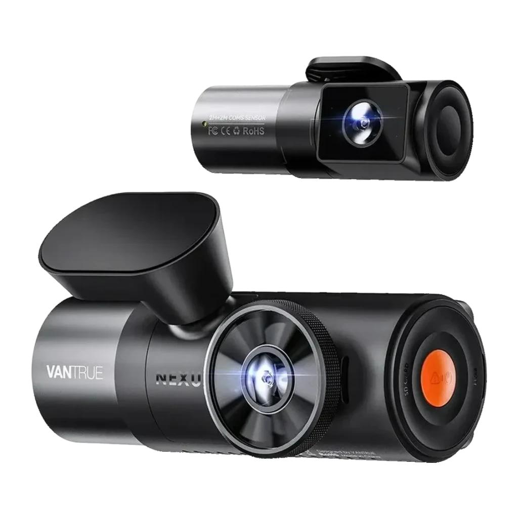 Dashcam Vantrue N5 Nexus 5 4K Noir 4 Canaux + 3x 1080p GPS, vue avant: deux unités noires avec objectifs circulaires