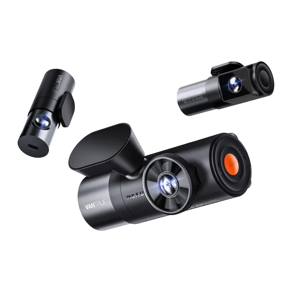 Dashcam Vantrue N5 Nexus 5 4K Noir 4 Canaux + 3x 1080p GPS, détail: unité principale et 3 caméras auxiliaires sur fond noir