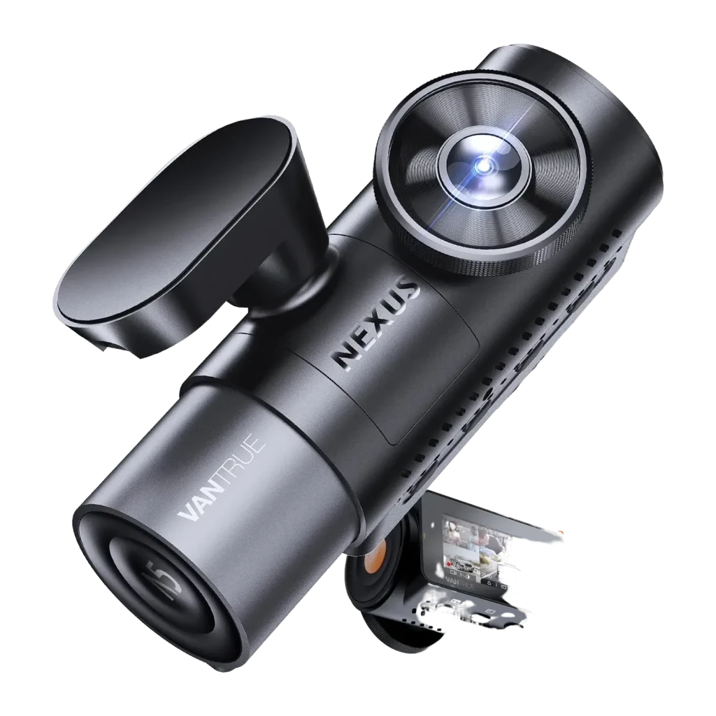 Dashcam Vantrue N5 Nexus 5 4K Noir 4 Canaux + 3x 1080p GPS, vue diagonale: modules caméra avant et intérieur avec support