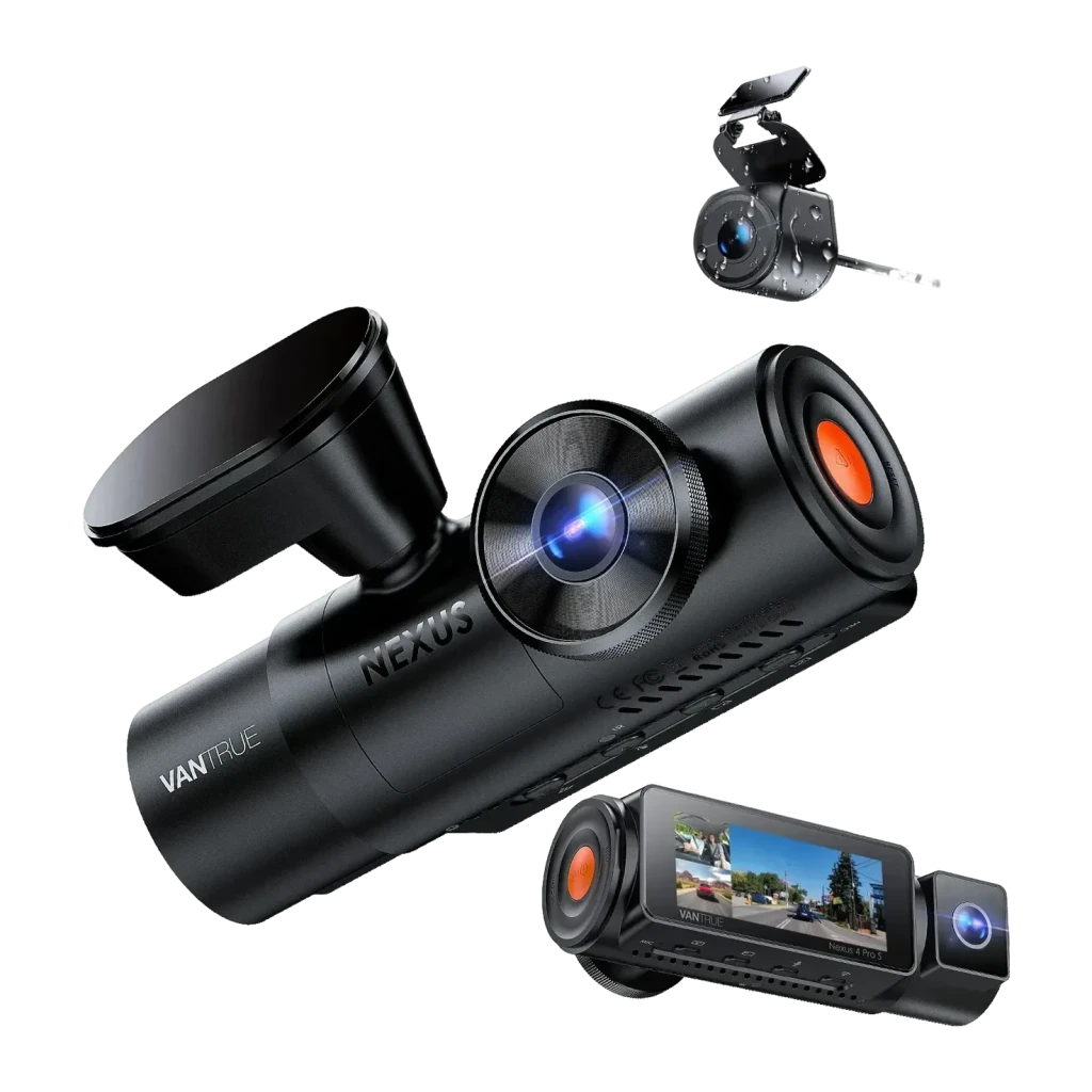 Dashcam Vantrue N4 Pro S 3CH 4K GPS, vue avant: corps cylindrique noir avec lentille bleue, bouton orange et caméras