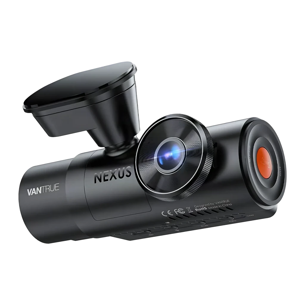 Dashcam Vantrue N4 Pro S 3CH 4K GPS, détail: objectifs avant avec optique bleue et rouge, corps cylindrique noir et support