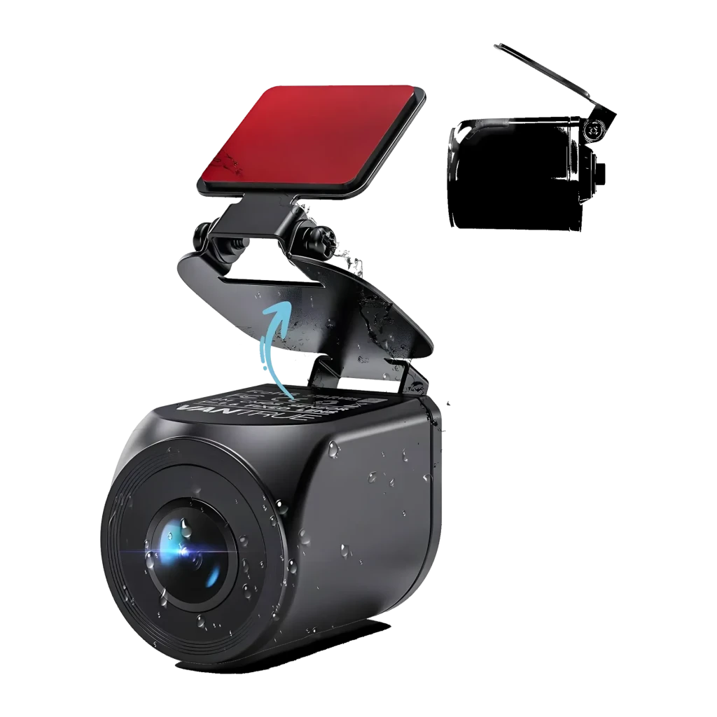 Dashcam Vantrue N4 Pro S 3CH 4K GPS, détail: support déployable avec pad adhésif rouge et corps recouvert de gouttes d'eau