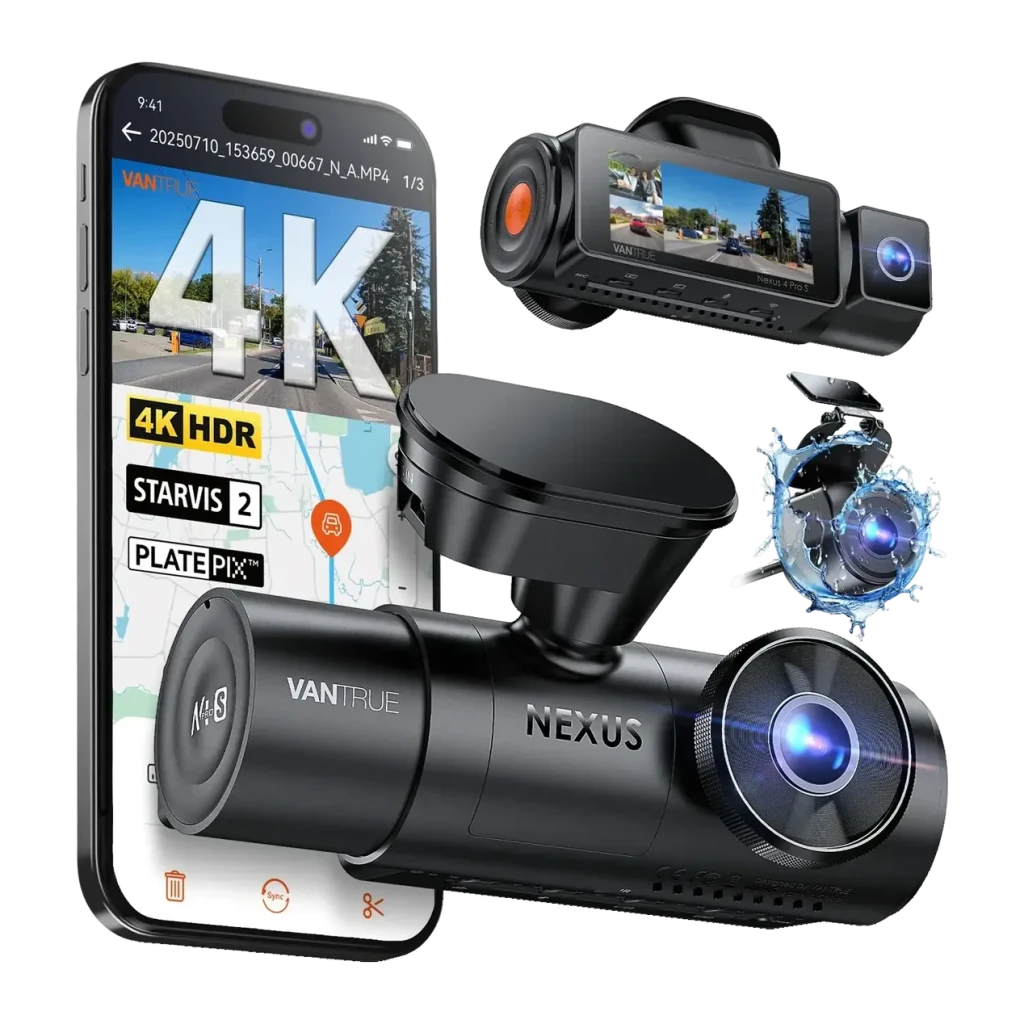 Dashcam Vantrue N4 Pro S 3CH 4K GPS, vue composite: unité avant, module arrière, app 4K HDR et résistance à l'eau