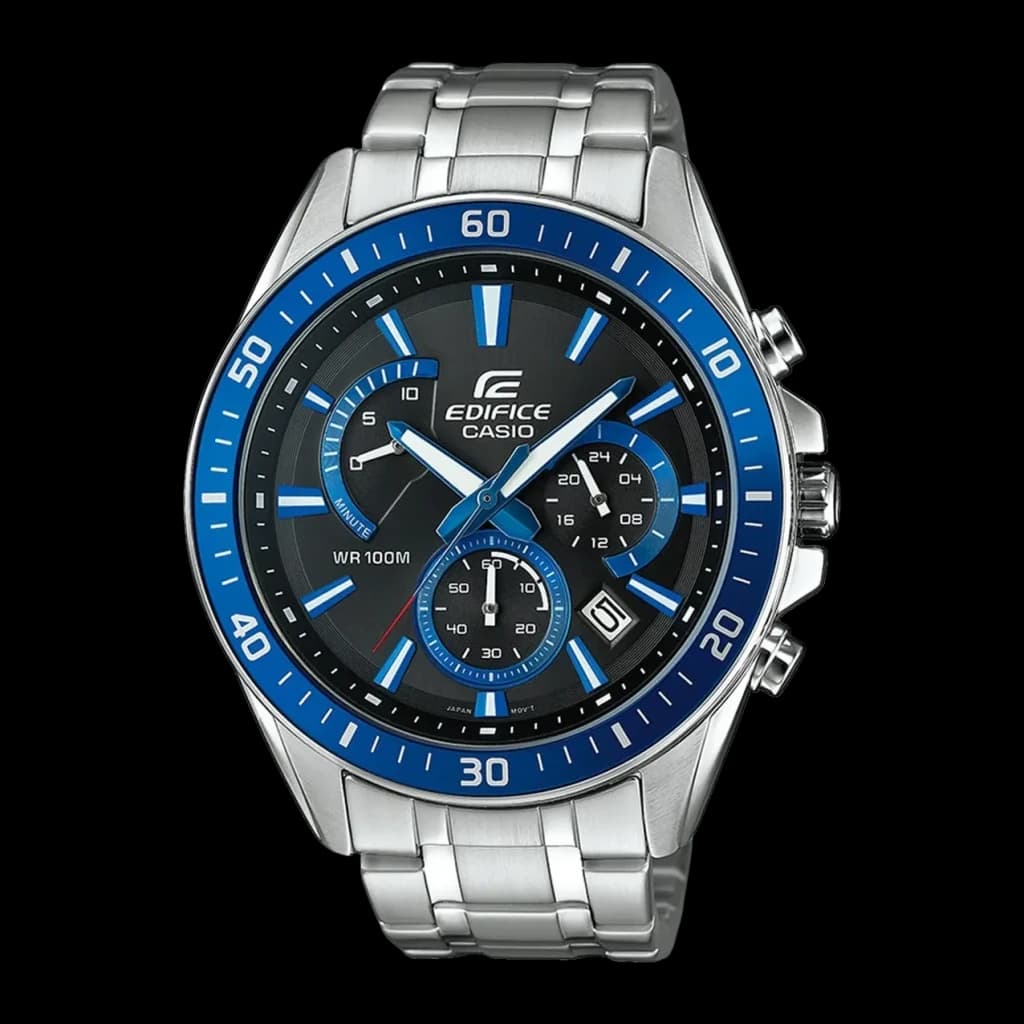 Casio Edifice EFR-552D-1A2VUEF Bleu Batterie 3 ans Acier inoxydable 10ATM, vue de face: cadran noir avec lunette bleue