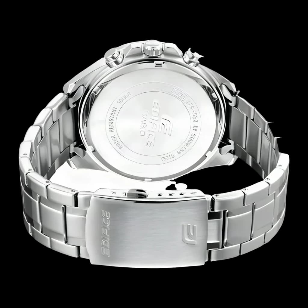 Casio Edifice EFR-552D-1A2VUEF Bleu Batterie 3 ans Acier inoxydable 10ATM, vue arrière: fond gravé WATER RESISTANT 10BAR