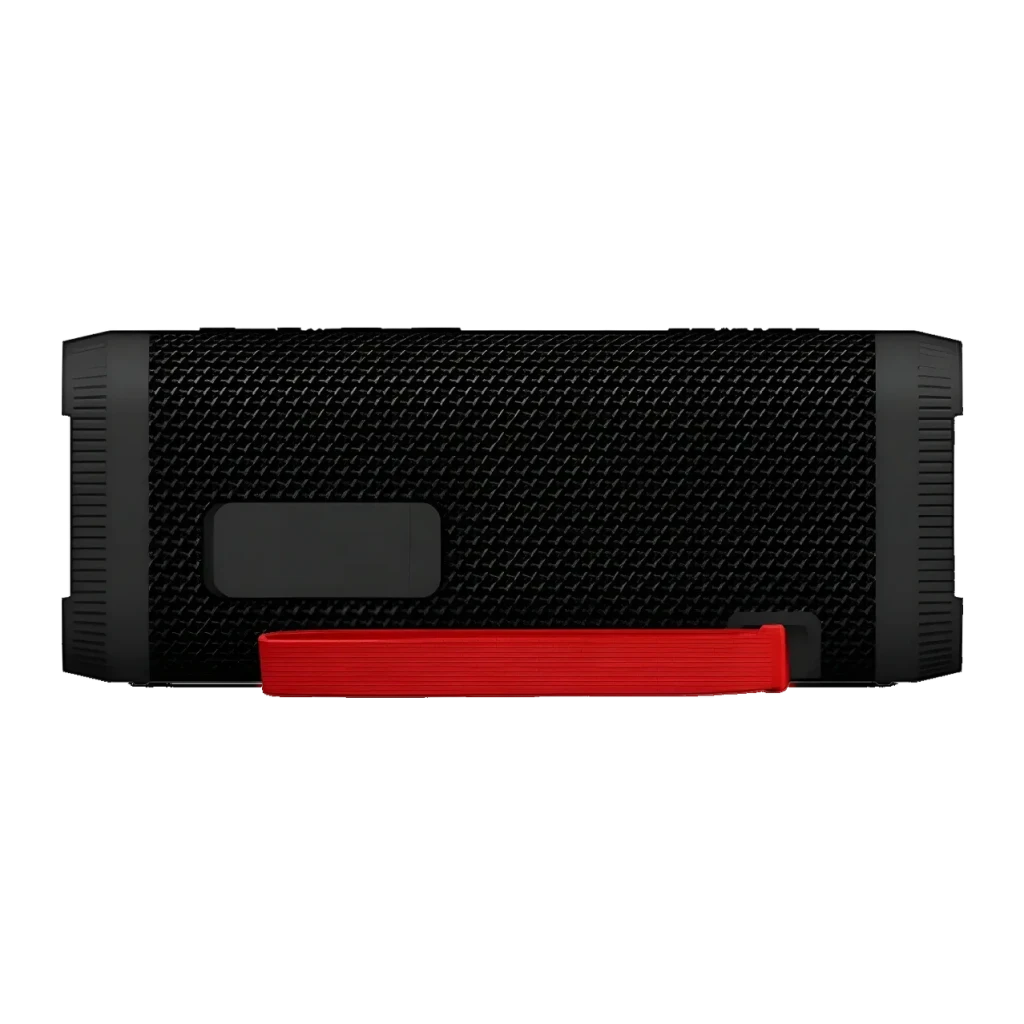 Coluna Bluetooth Philips IPX5 10W 20h Preto TAS2000B, vista traseira: grelha preta, alça vermelha e tampas laterais estriadas