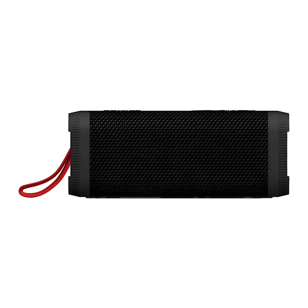 Coluna Bluetooth Philips IPX5 10W 20h Preto TAS2000B, vista frontal: grelha têxtil preta e alça vermelha lateral
