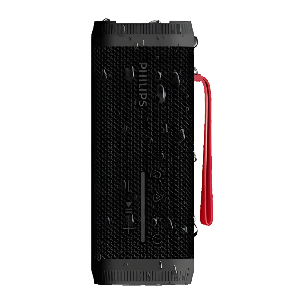 Coluna Bluetooth Philips IPX5 10W 20h Preto TAS2000B, vista lateral: textura rugosa com gotas de água, alça vermelha e botões