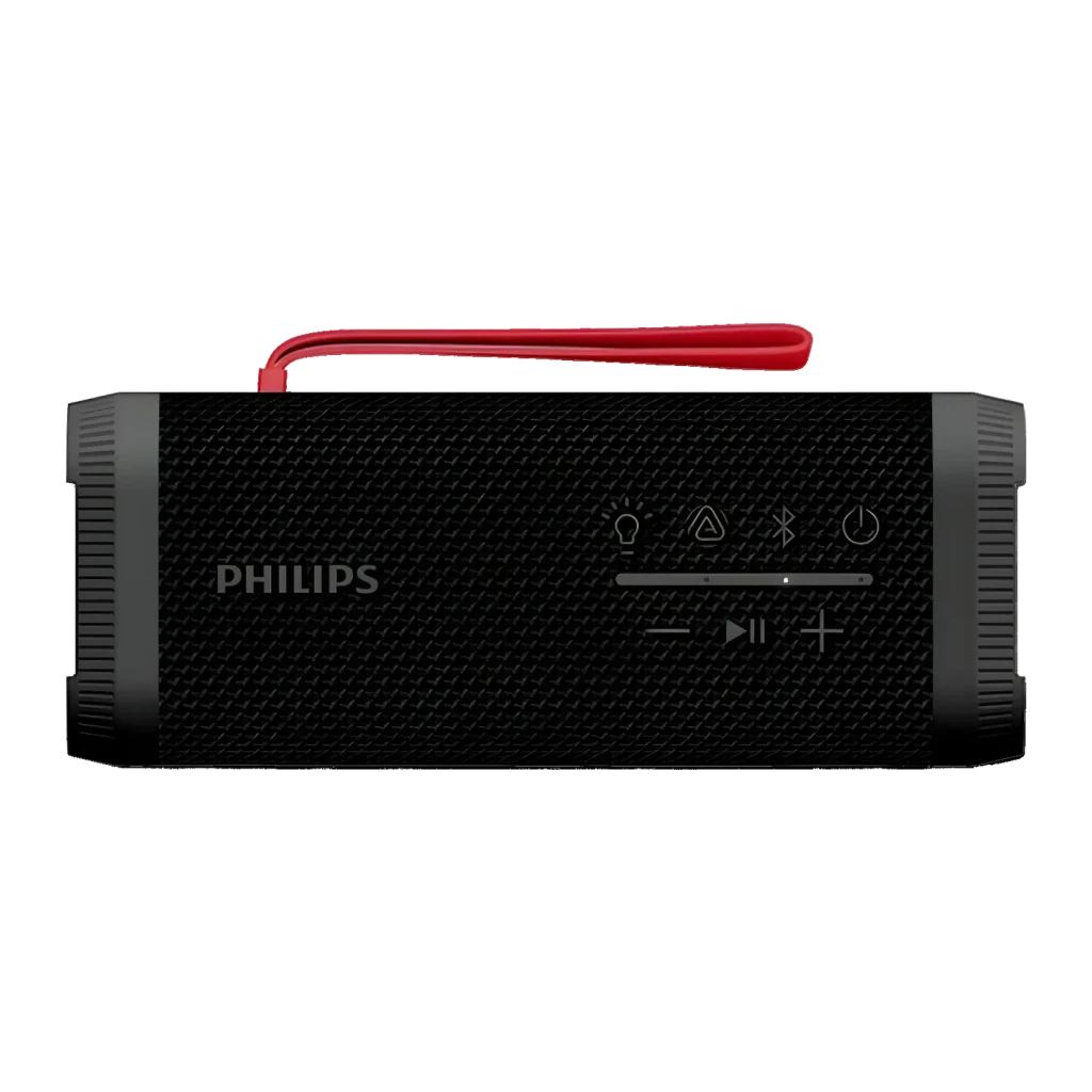 Coluna Bluetooth Philips IPX5 10W 20h Preto TAS2000B, vista frontal: grelha têxtil, botões de controlo e alça vermelha