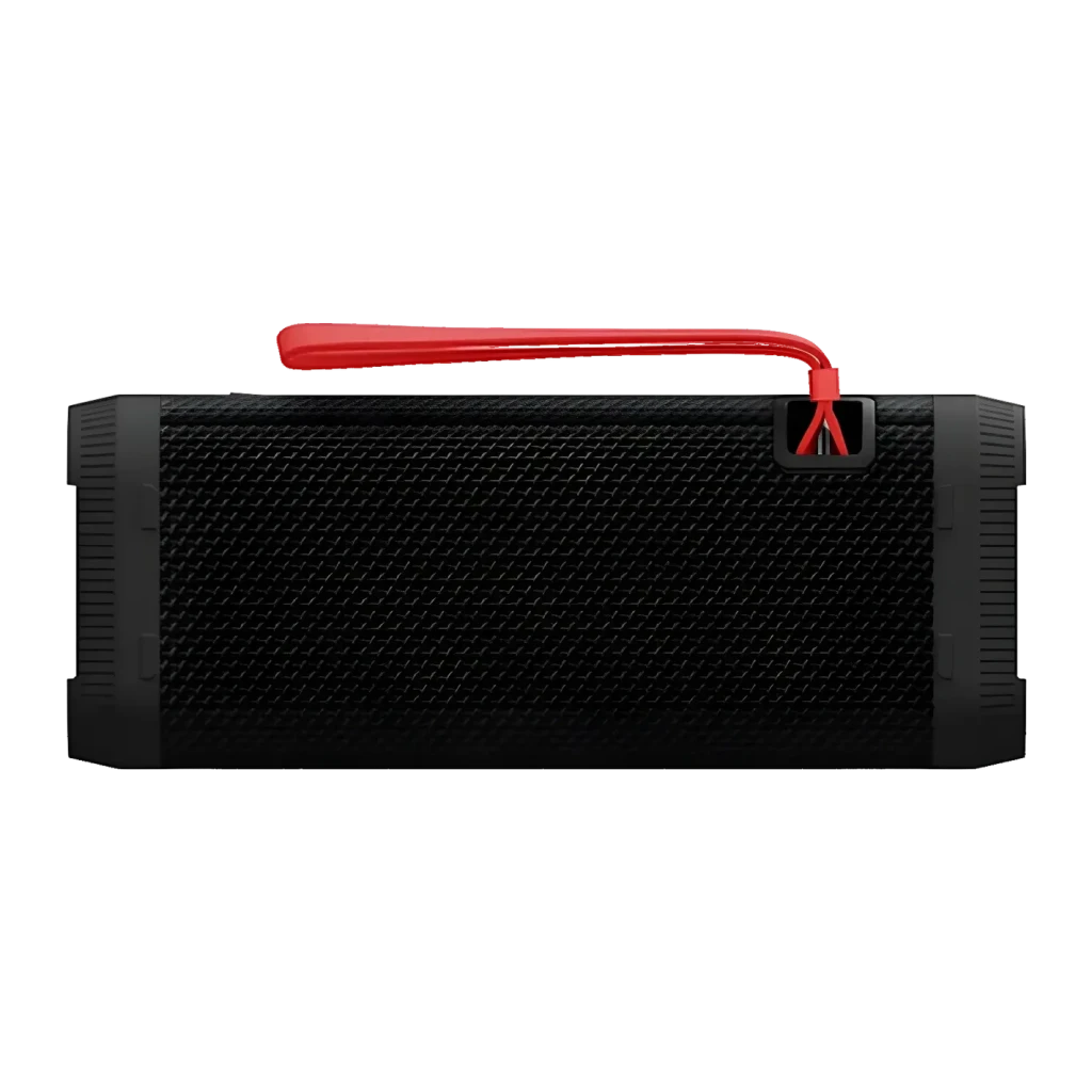 Coluna Bluetooth Philips IPX5 10W 20h Preto TAS2000B, vista frontal: grelha têxtil preta e alça metálica vermelha