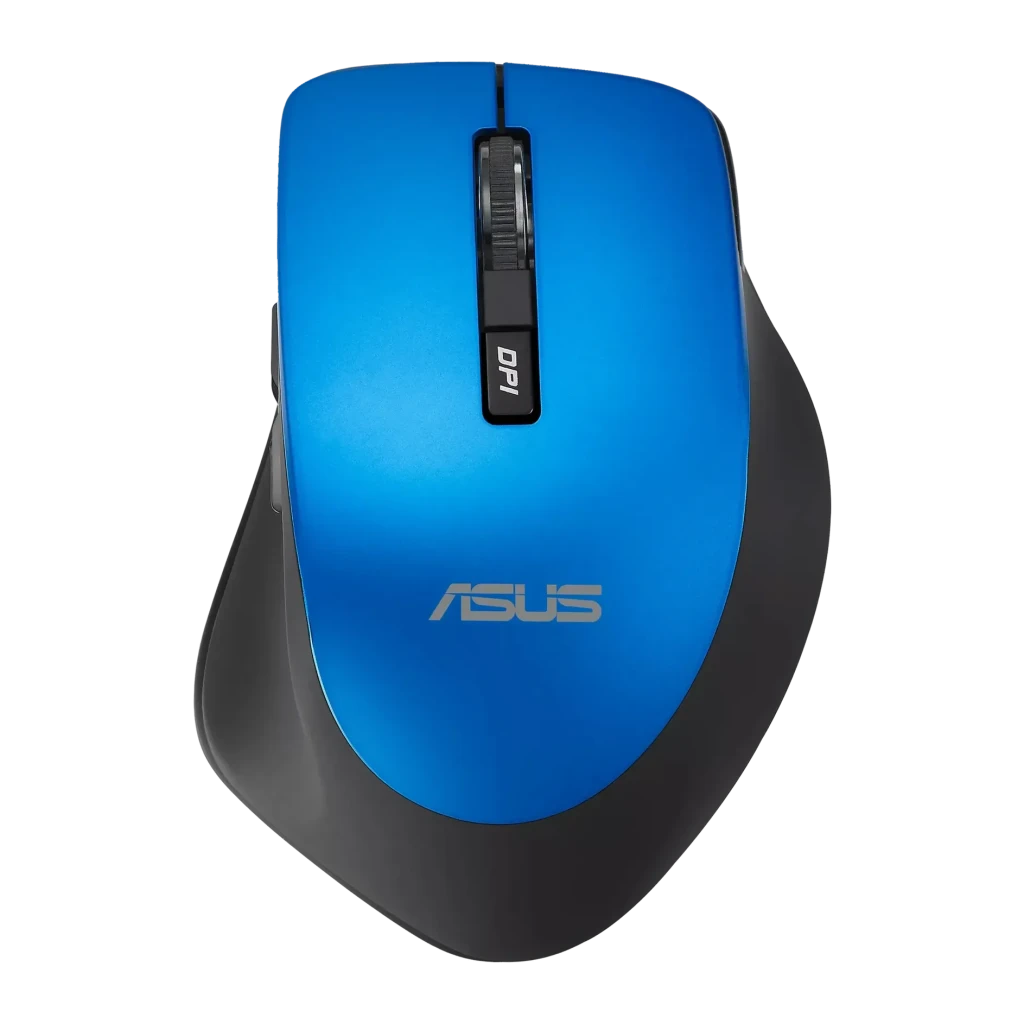 Ratón ASUS WT425 Azul Inalámbrico Ergonómico, vista superior: cuerpo azul metálico con rueda y botón DPI negros, logo ASUS