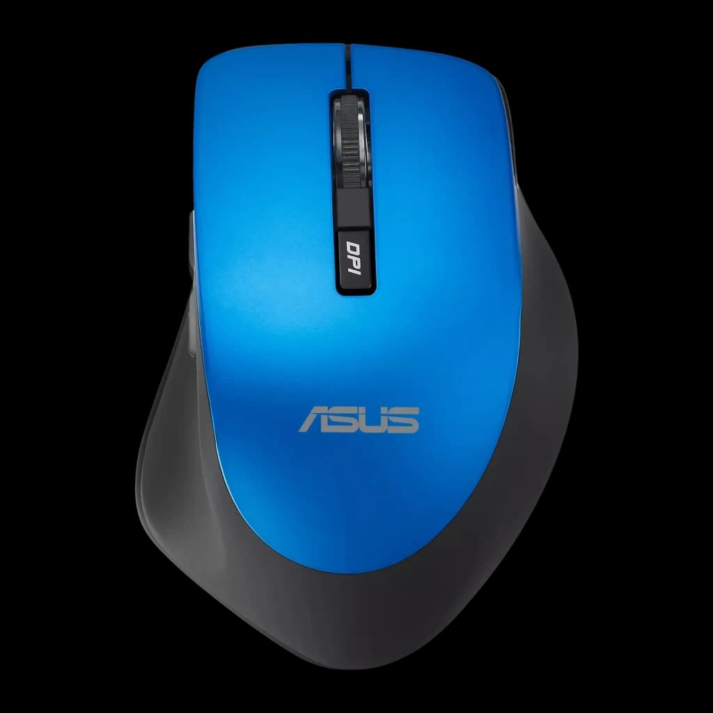 Ratón ASUS WT425 Azul Inalámbrico Ergonómico, vista superior: cuerpo azul metálico con rueda y botón DPI negros, logo ASUS