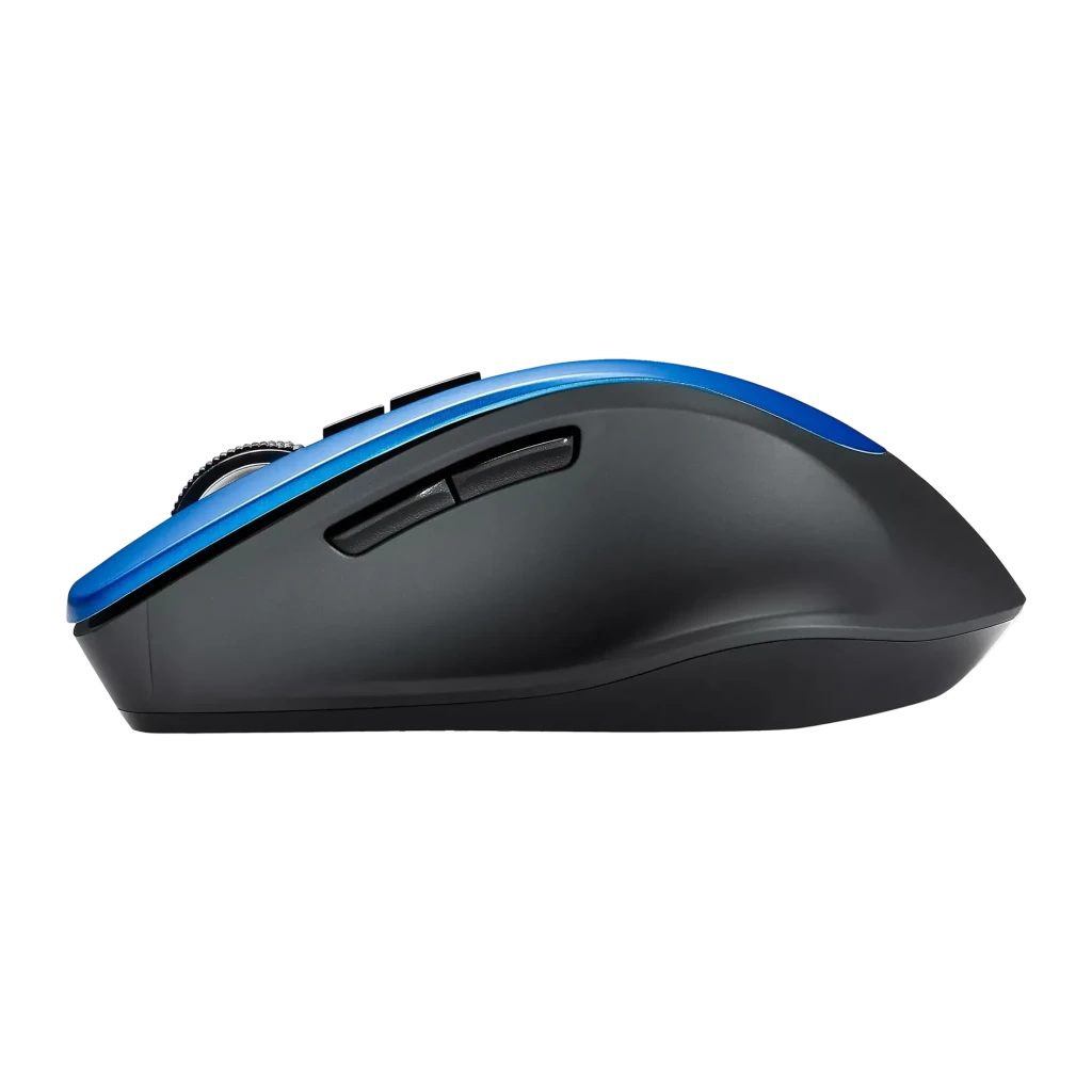 Ratón ASUS WT425 Azul Inalámbrico Ergonómico, vista lateral: perfil ergonómico con franja azul y botones laterales visibles