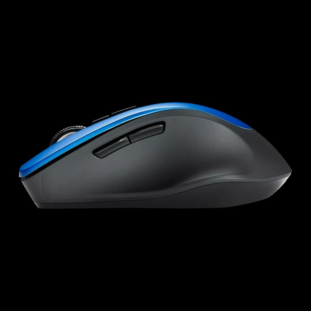 Ratón ASUS WT425 Azul Inalámbrico Ergonómico, vista lateral: perfil ergonómico con franja azul y botones laterales visibles