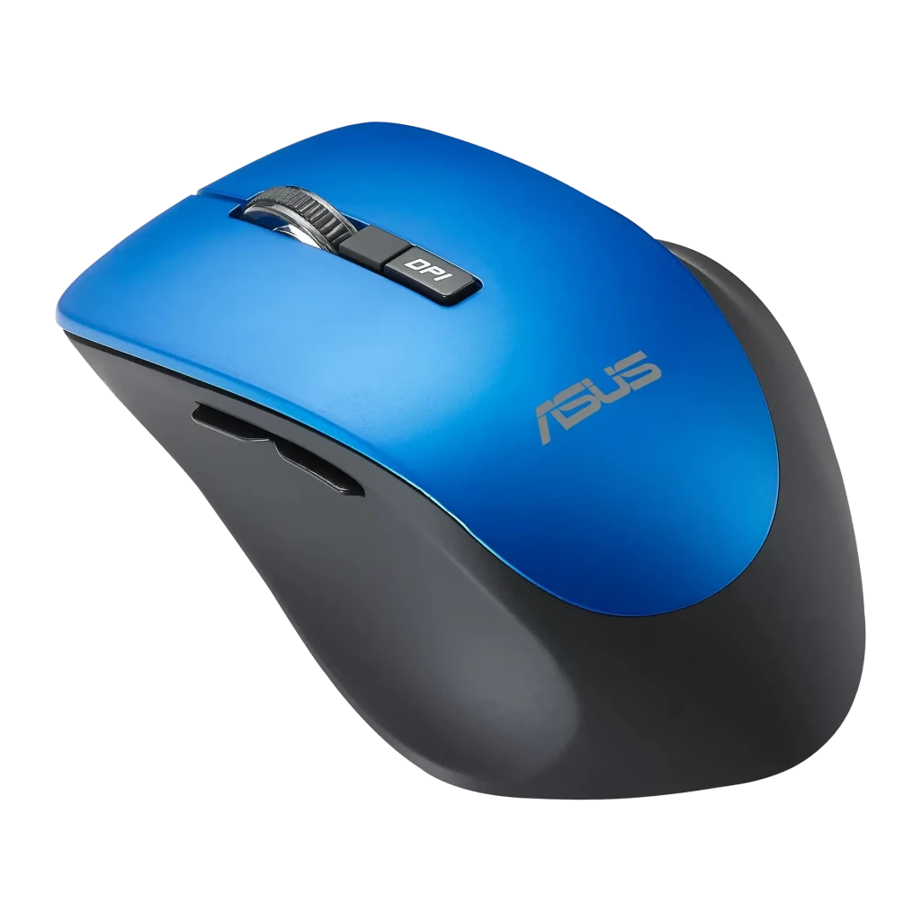Ratón ASUS WT425 Azul Inalámbrico Ergonómico, vista lateral: carcasa azul, botón DPI, rueda y logo ASUS visibles
