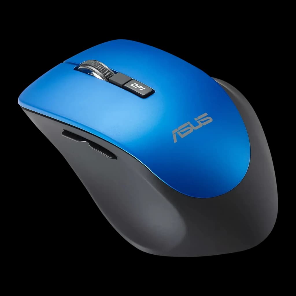 Ratón ASUS WT425 Azul Inalámbrico Ergonómico, vista lateral: carcasa azul, botón DPI, rueda y logo ASUS visibles