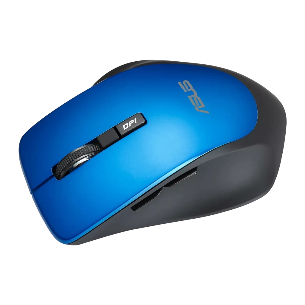 Ratón ASUS WT425 Azul Inalámbrico Ergonómico, vista superior lateral: rueda DPI, logo ASUS y botón lateral visibles