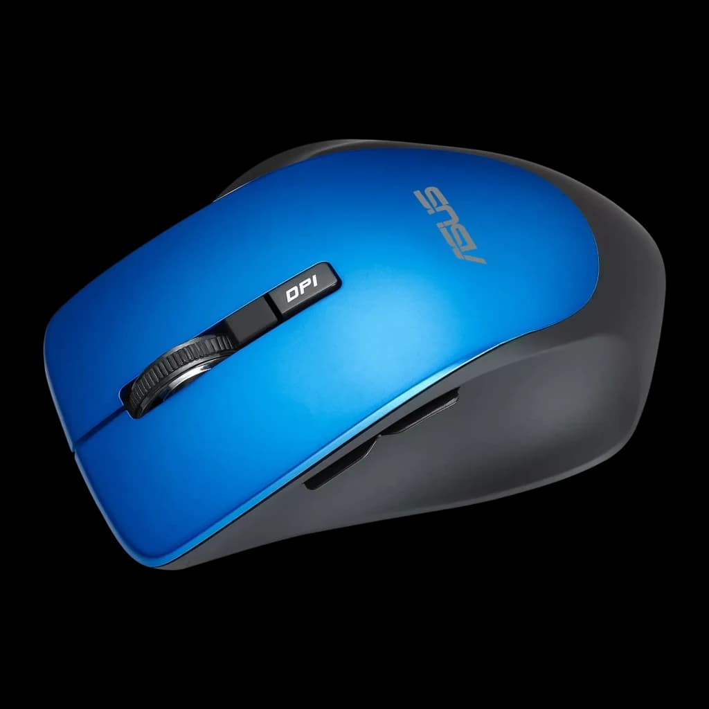 Ratón ASUS WT425 Azul Inalámbrico Ergonómico, vista superior lateral: rueda DPI, logo ASUS y botón lateral visibles