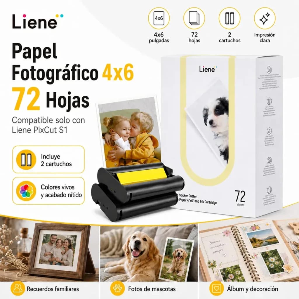 Papier Photo Adhésif Liene PixCut 4x6 pouces 72 Feuilles + 2 Cartouches Blanc, infographie: boîte, imprimante avec cartouche