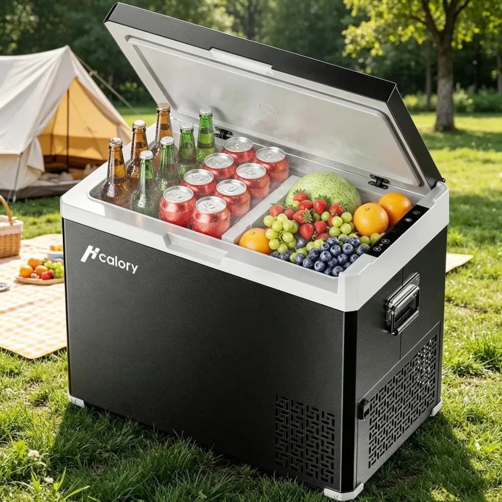 Glacière de voiture Hcalory D40+ 40L Noir, en utilisation: couvercle ouvert avec boissons, canettes et fruits, camping