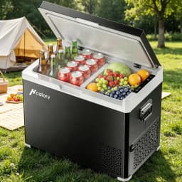 Glacière de voiture Hcalory D40+ 40L Noir, en utilisation: couvercle ouvert avec boissons, canettes et fruits, camping