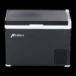 Glacière de voiture Hcalory D40+ 40L Noir, détail latéral: grille de ventilation géométrique, logo et couvercle texturé