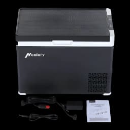 Glacière de voiture Hcalory D40+ 40L Noir, détail: contenu de la boîte avec câbles 12V, adaptateur AC et manuel