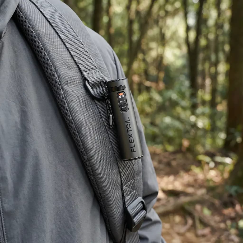 Linterna LED Flextail Zero 1200 Negra Recargable USB-C IP67, en uso: sujeta a la correa de mochila en bosque