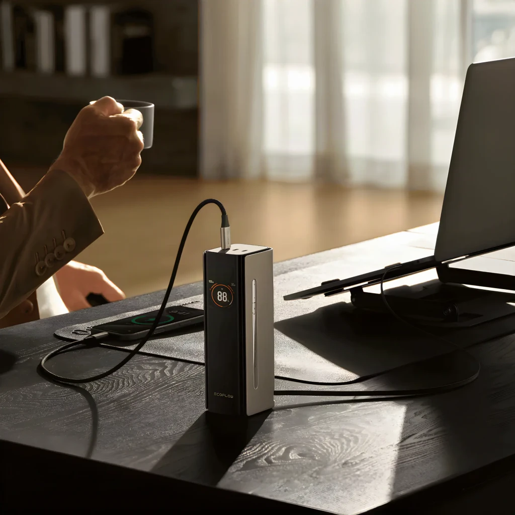 Batterie externe EcoFlow RAPID Pro 27 650 mAh 300W Câble USB-C intégré Noir, en usage: sur bureau chargeant laptop, écran à
