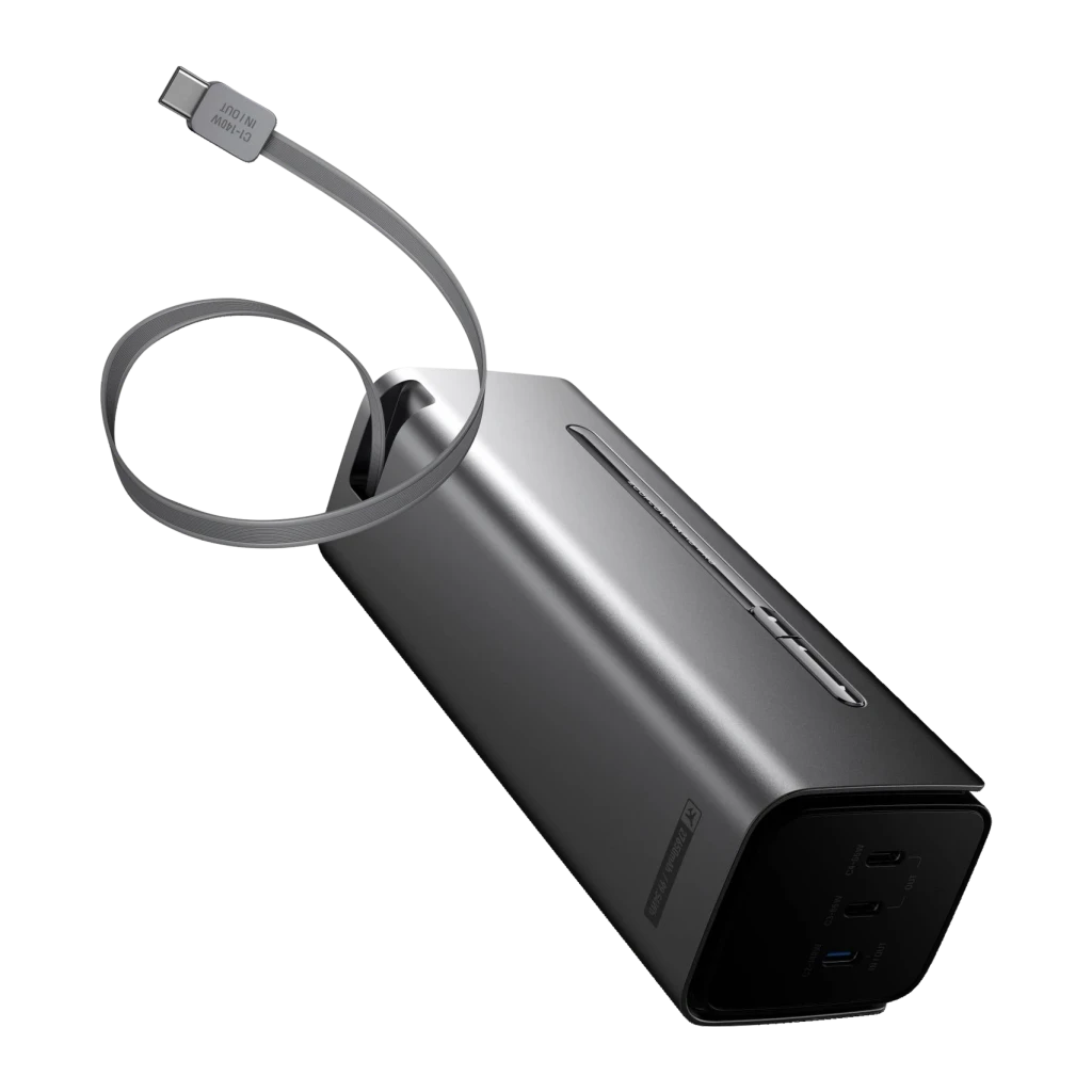 Batterie externe EcoFlow RAPID Pro 27 650 mAh 300W Câble USB-C intégré Noir, détail: corps aluminium en angle avec câble