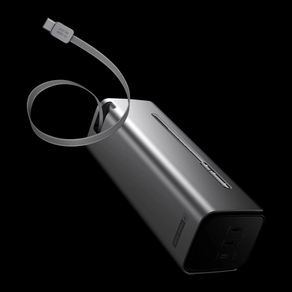 Batterie externe EcoFlow RAPID Pro 27 650 mAh 300W Câble USB-C intégré Noir, détail: corps aluminium en angle avec câble