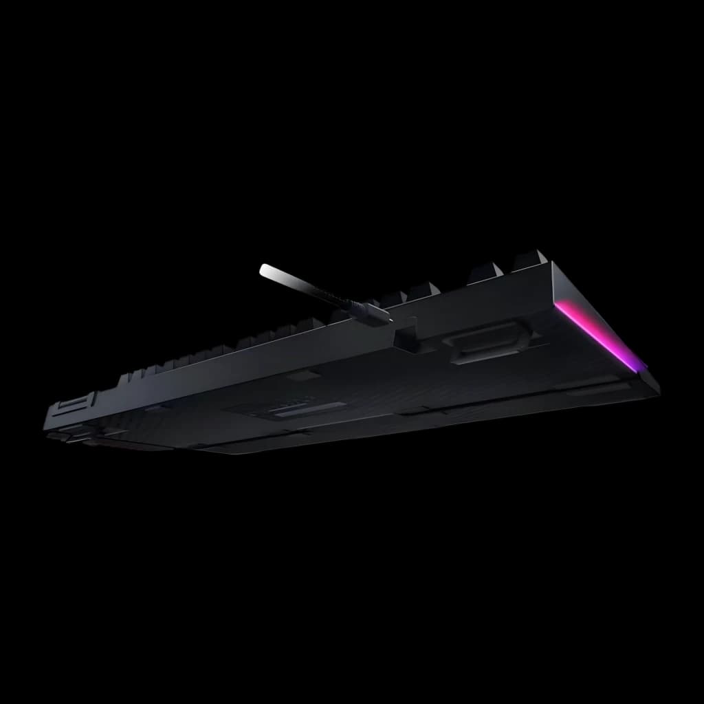 Teclado Gaming Razer BlackWidow V4 75% Mecánico Hot-Swap RGB Negro, vista trasera: base con patas y cable USB, luz RGB