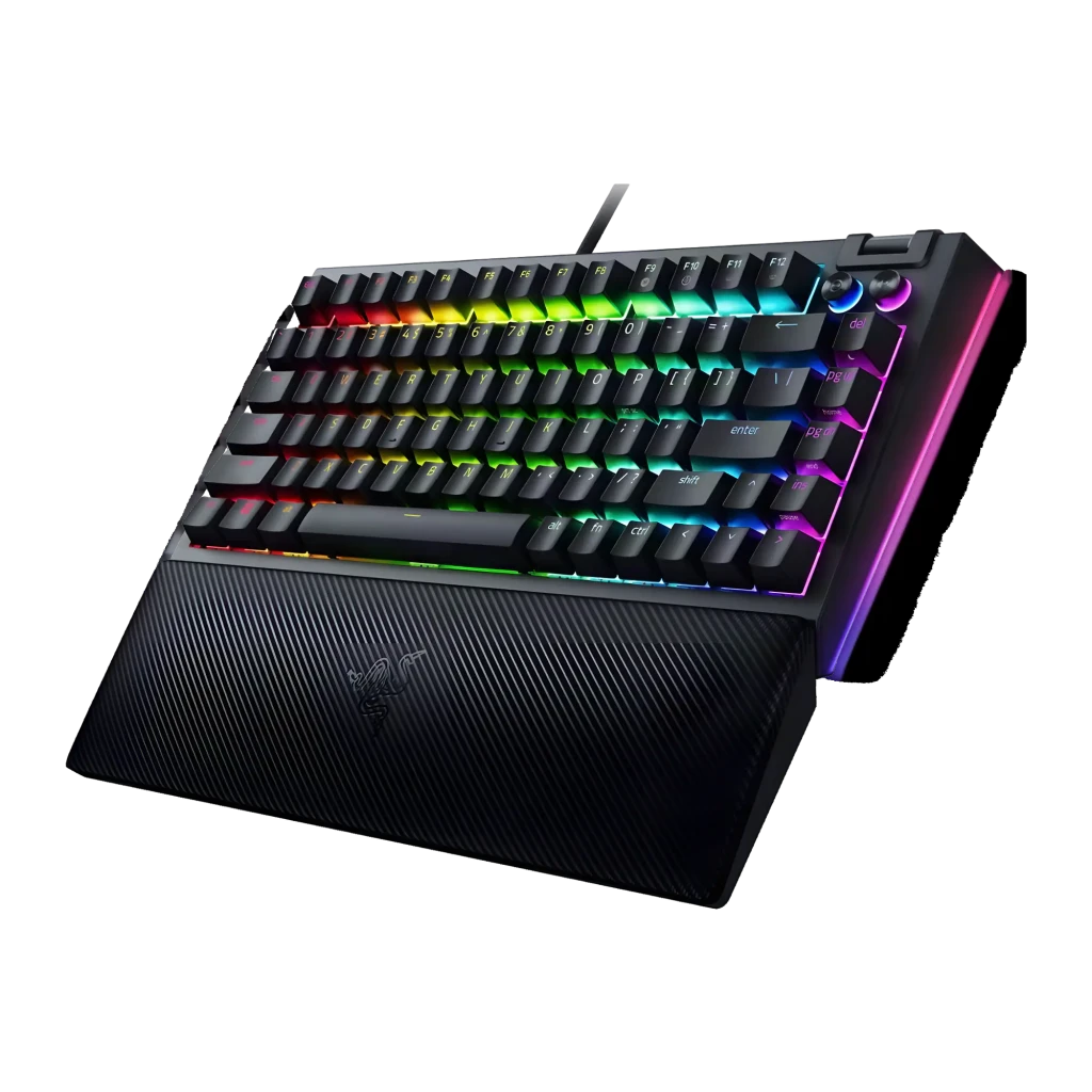 Teclado Gaming Razer BlackWidow V4 75% Mecánico Hot-Swap RGB Negro, detalle: vista en perspectiva con iluminación RGB