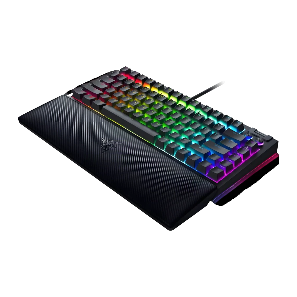 Teclado Gaming Razer BlackWidow V4 75% Mecánico Hot-Swap RGB Negro, detalle: vista en ángulo con iluminación RGB multicolor