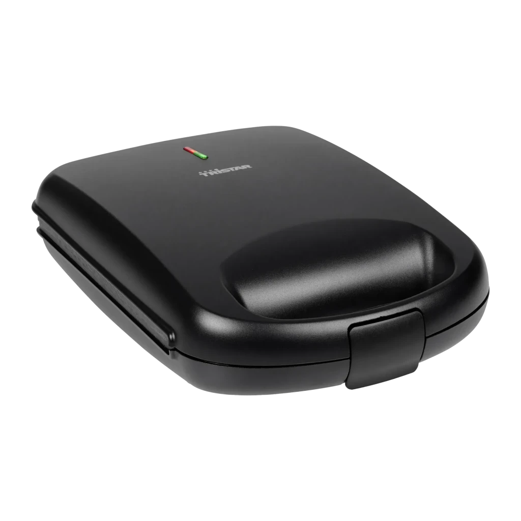 Sandwichera Tristar XL 1500W 4 sándwiches Negro SA-3069, vista frontal: tapa cerrada con indicadores LED rojo y verde