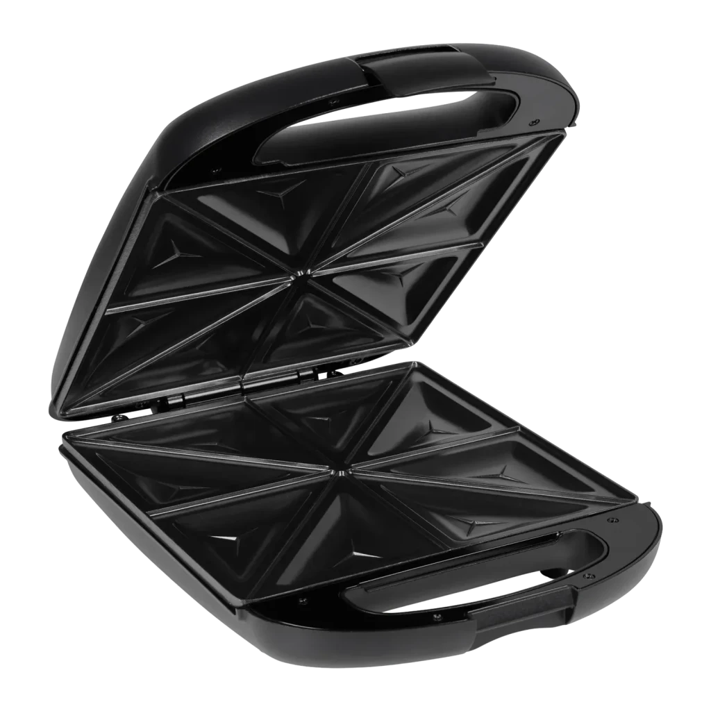 Sandwichera Tristar XL 1500W 4 sándwiches Negro SA-3069, detalle: placas antiadherentes triangulares abiertas para 4