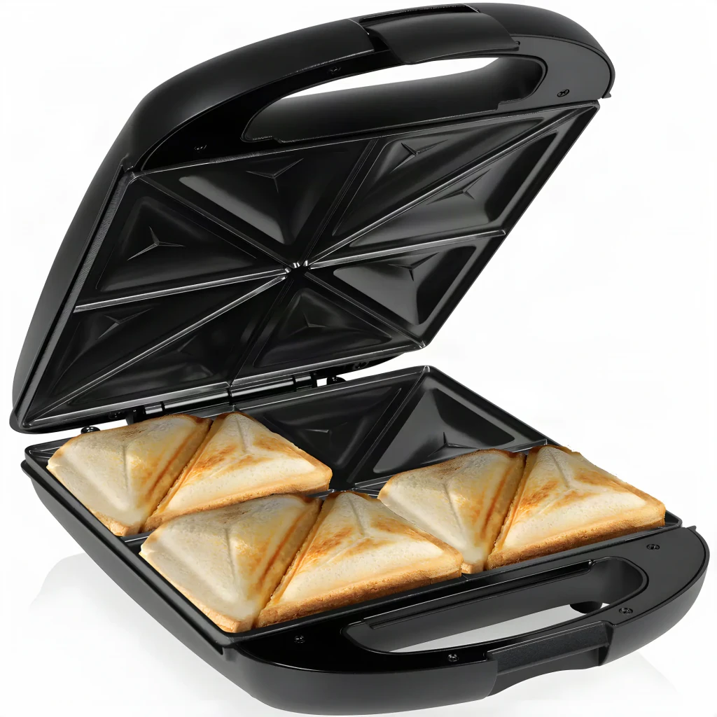 Sandwichera Tristar XL 1500W 4 sándwiches Negro SA-3069, en uso: tapa abierta con 4 sándwiches tostados en placas