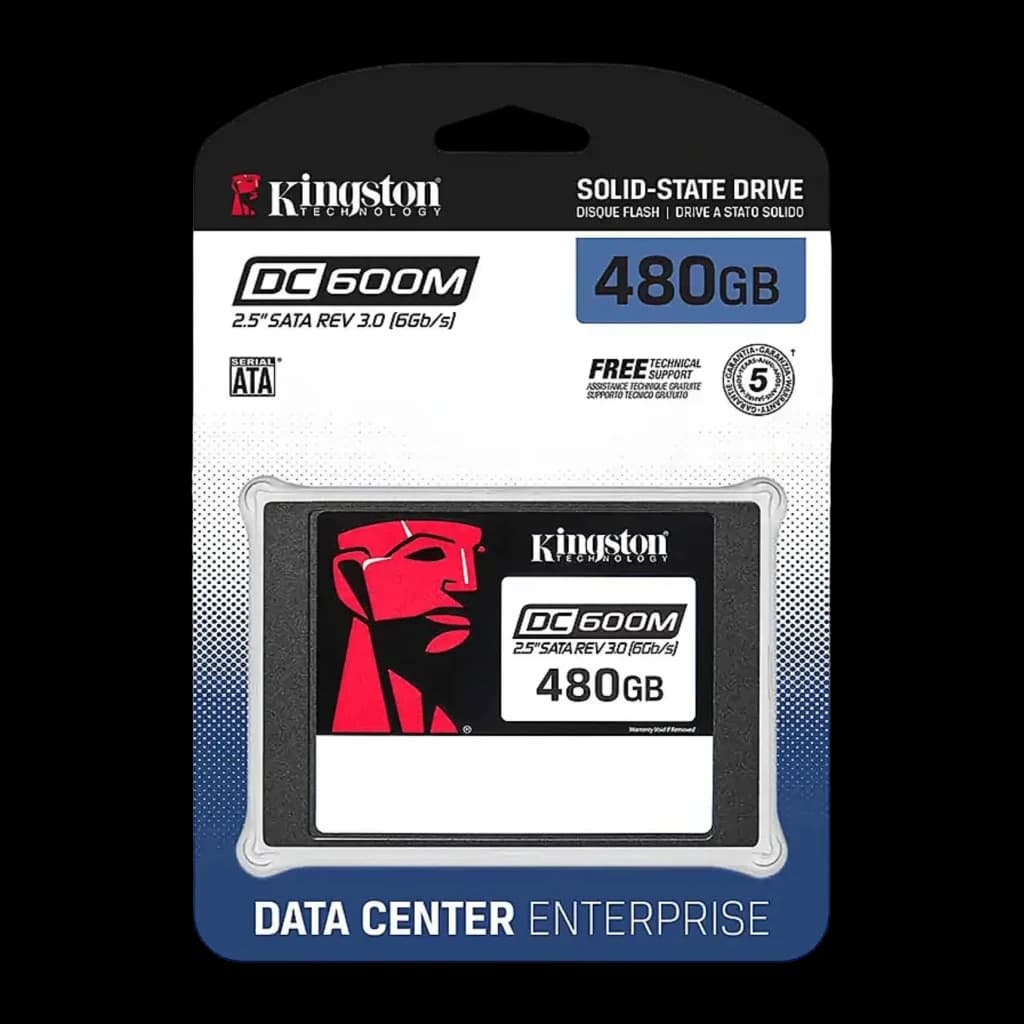 SSD Kingston DC600M 480GB Enterprise 2,5 polegadas SATA Preto, vista frontal: embalagem retail com SSD visível dentro