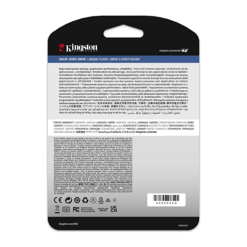 SSD Kingston DC600M 480GB Enterprise 2,5 polegadas SATA Preto, conteúdo da caixa: verso da embalagem blister com texto