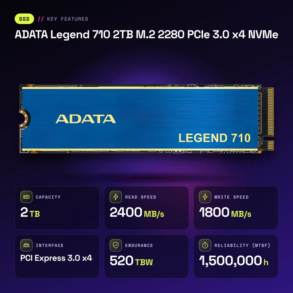 SSD ADATA Legend 710 2 To M.2 2280 PCIe 3.0 x4 NVMe Bleu - caractéristiques