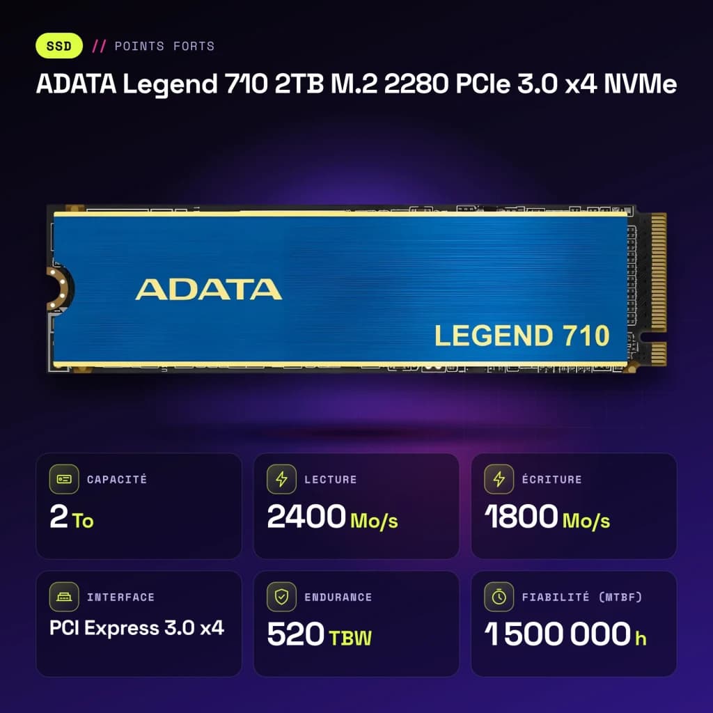 SSD ADATA Legend 710 2 To M.2 2280 PCIe 3.0 x4 NVMe Bleu - caractéristiques