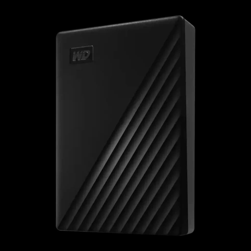 Disque Dur Portable WD My Passport 6To USB 3.2 Gen 1 Noir WDBR9S0060BBK, vue en angle: boîtier noir avec rainures diagonales