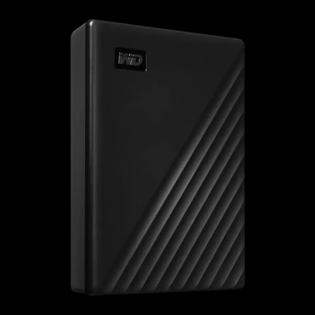 Disque Dur Portable WD My Passport 6To USB 3.2 Gen 1 Noir WDBR9S0060BBK, vue en angle: boîtier noir avec rainures diagonales