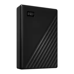 Disque Dur Portable WD My Passport 6To USB 3.2 Gen 1 Noir WDBR9S0060BBK, vue en angle: boîtier noir avec rainures diagonales